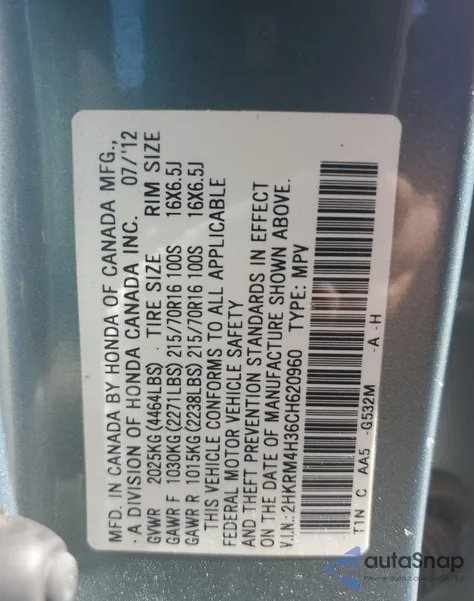 2012 Honda Cr-V Lx from USA, damaged, VIN 2HKRM4H36CH620960